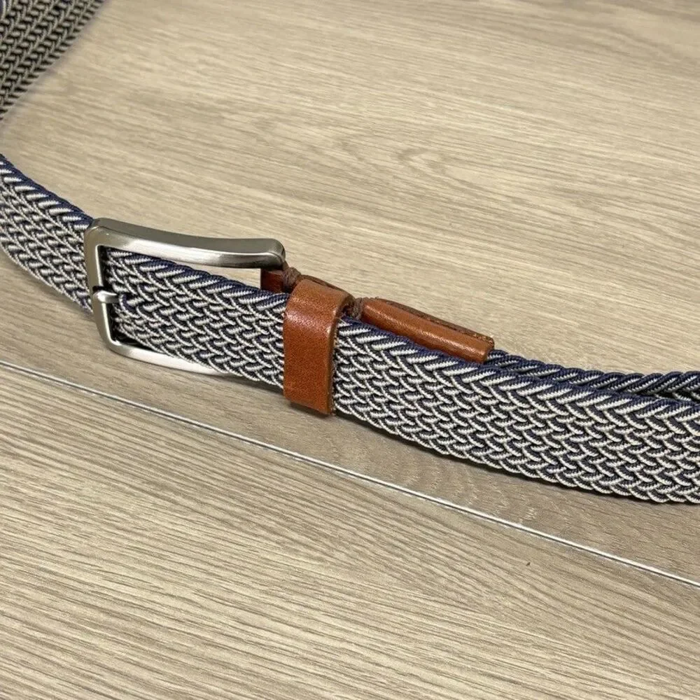 Tommy Bahama Woven Stretch Belt Navy Tan Leather Trim Sz L/XL Preppy Summer